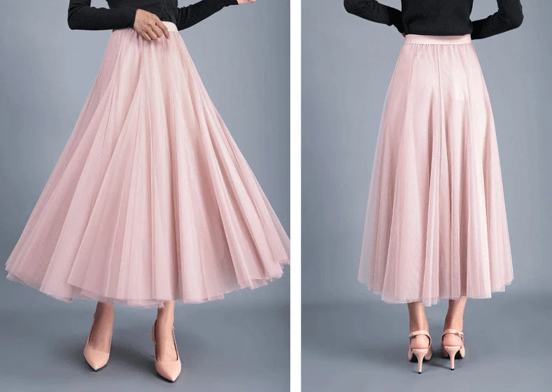OHRYIYIE Beige Maxi Long Skirt Spring Autumn Womens 2025 New Summer Tulle Skirt Party Mesh A-line Skirts Female Jupe Longue.