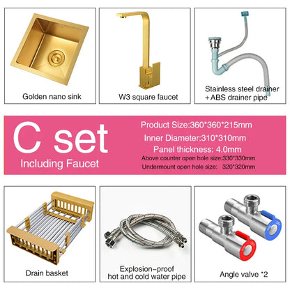 SUS 304 Stainless Steel Luxury Gold Nanometer Island Kitchen Sink Manual Single Bar Counter Mini Kitchen Sinks