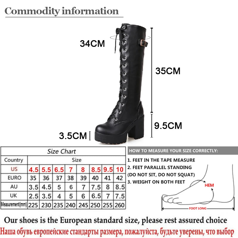 Gdgydh Hot Sale Spring Autumn Lacing Knee High Boots Women Fashion White Square Heel Woman Leather Shoes Winter PU Large Size 43.