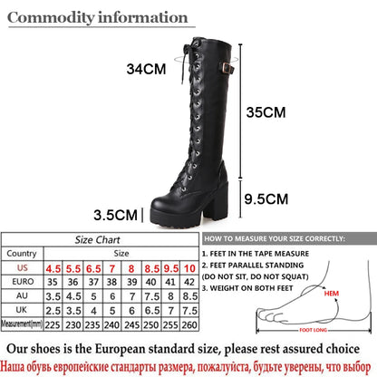 Gdgydh Hot Sale Spring Autumn Lacing Knee High Boots Women Fashion White Square Heel Woman Leather Shoes Winter PU Large Size 43.