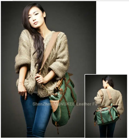 Vintage Military Canvas + Echtes Leder Herren Umhängetasche Sling Umhängetasche Tote Handtasche Herren Canvas Messenger Bag Freizeit