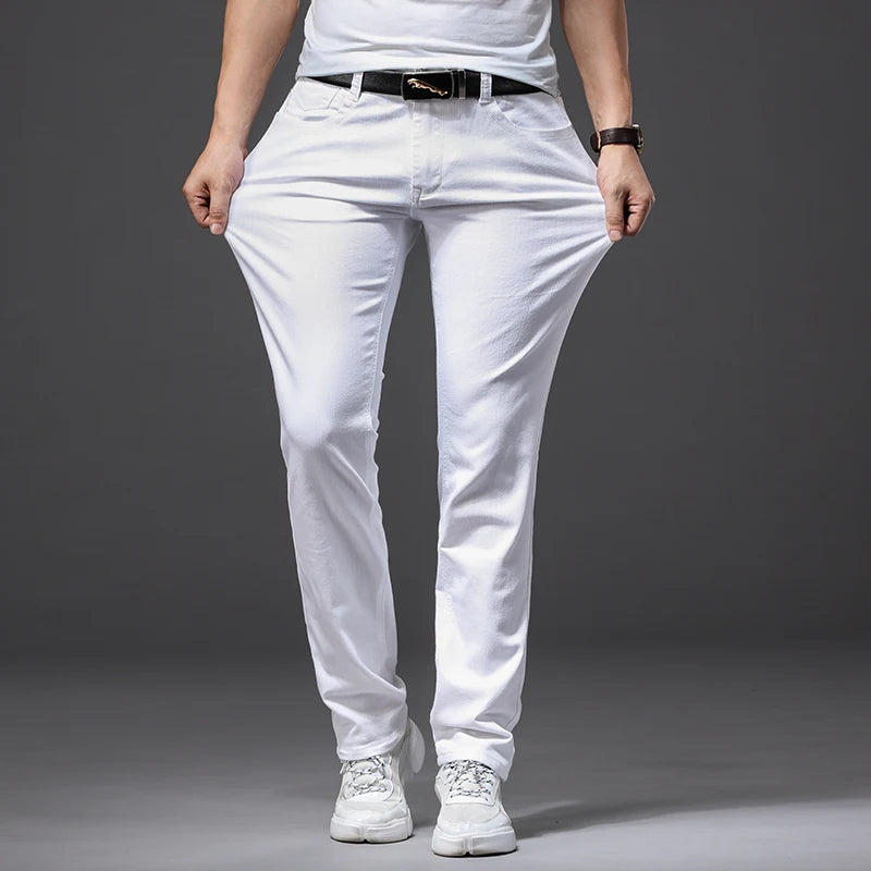 Men White Jeans Fashion Casual Classic Style Slim Fit Soft Trousers Male Brand Advanced Stretch Pants.
