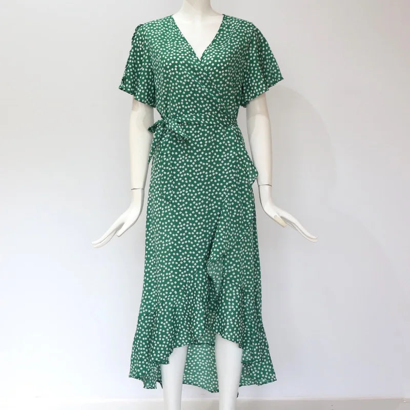 Sommer Strand Maxi Kleid Frauen Floral Print Boho Lange Chiffon Kleid Rüschen Wrap Casual V-ausschnitt Split Sexy Party Kleid Robe Femme.