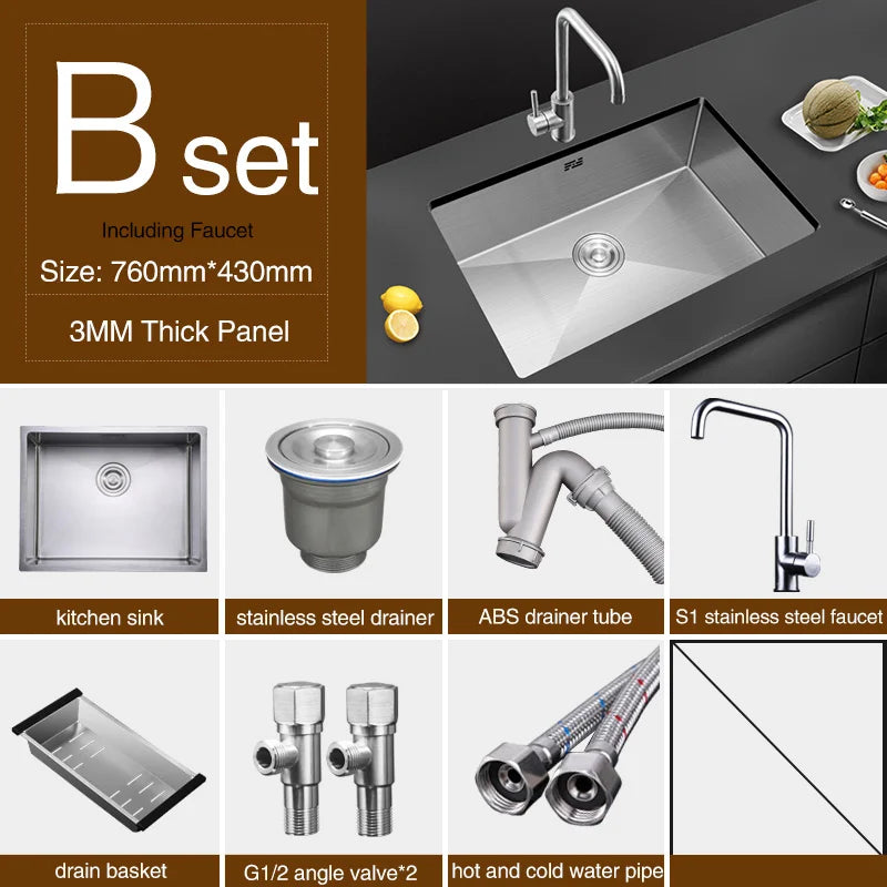 Large Size Single Kitchen Sink Handmade Brushed 304 Stainless Steel 3mm Thickness Single Bowl Bar Counter Kitchen Kinks