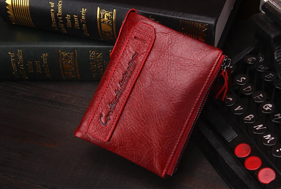 Fashion Genuine Leather Women Wallet Bi-fold Wallets Red ID Card Holder Coin Purse With Double Zipper Small Women's Purse 2022.