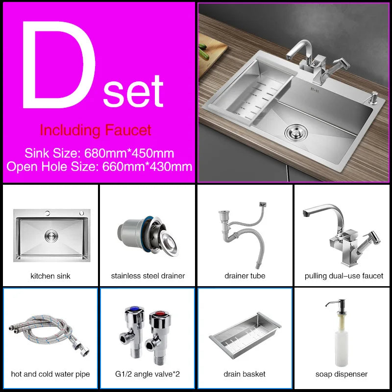 Kitchen sink lead-free handmade brushed 304 stainless steel 3mm thickness single bowl large size kitchen sink