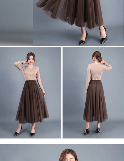 OHRYIYIE Beige Maxi Long Skirt Spring Autumn Womens 2025 New Summer Tulle Skirt Party Mesh A-line Skirts Female Jupe Longue.