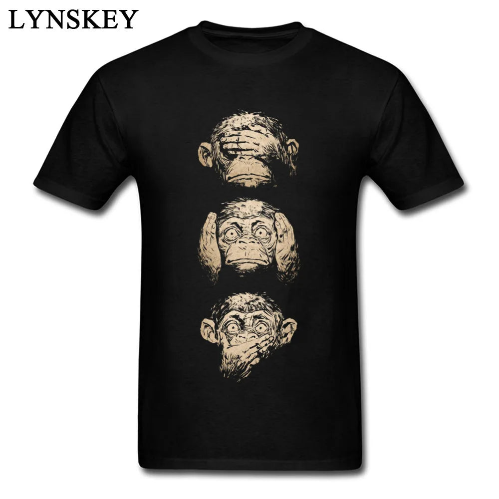 Wise Monkeys Funky T Shirt For Man Retro Painting Tees Top Cotton Fabric Short Sleeve Teens Customize.