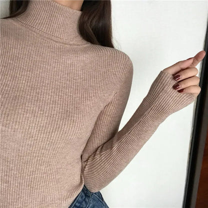 2025 herbst Winter Dicken Pullover Frauen Gestrickte Rippen Pullover Pullover Langarm Rollkragen Schlank Jumper Weiche Warme Pull Femme.