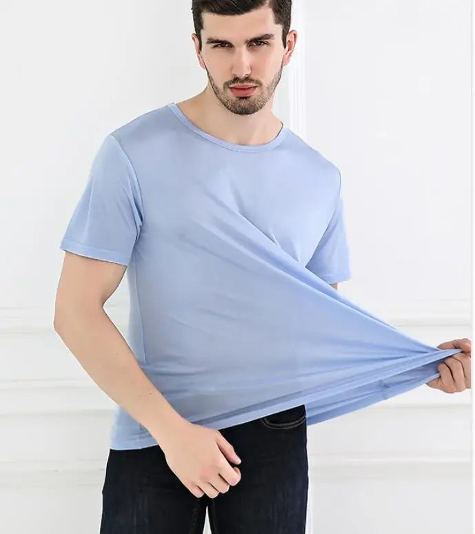 Men's Spring Summer Thin 100% Natural Silk T-shirt Male Elastic Casual Breathable Summer Silk Shirt Tops TB1167.