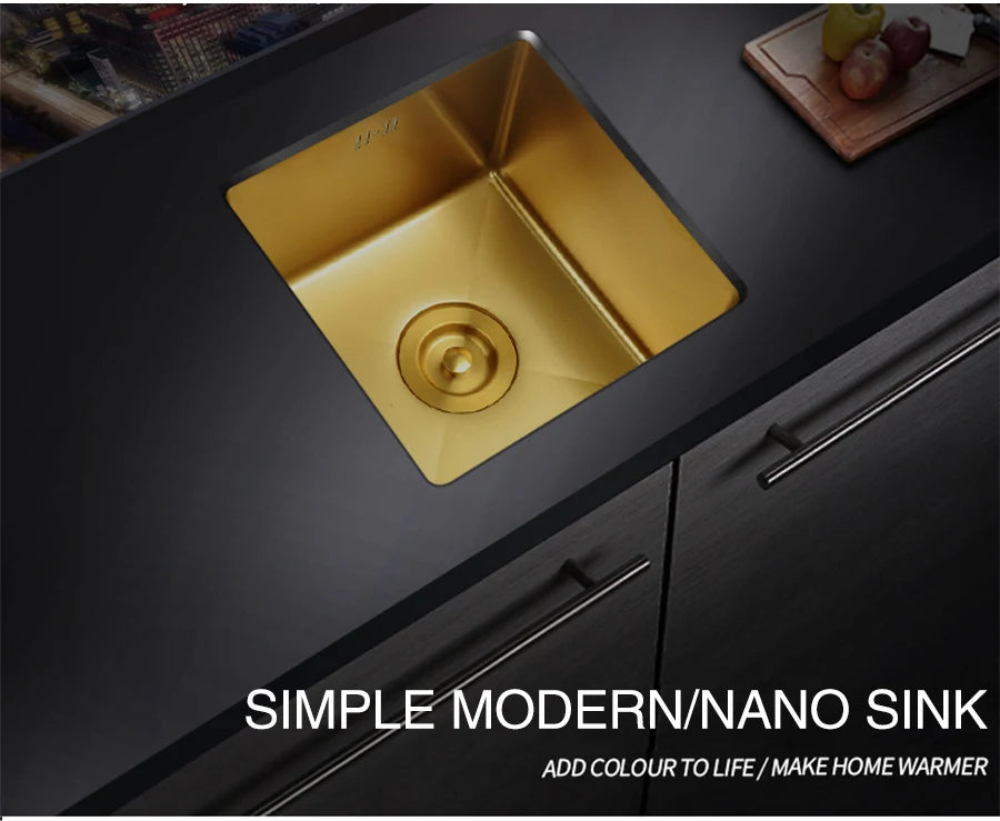 SUS 304 Stainless Steel Luxury Gold Nanometer Island Kitchen Sink Manual Single Bar Counter Mini Kitchen Sinks