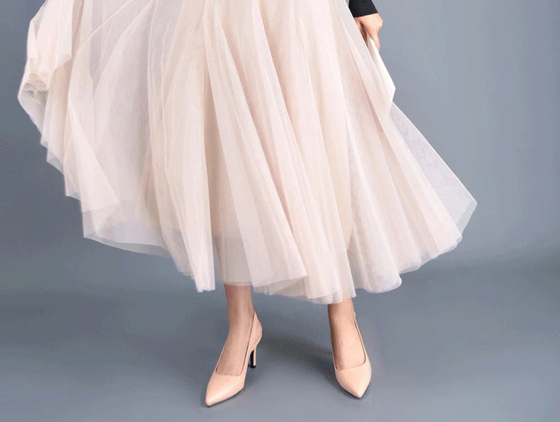 OHRYIYIE Beige Maxi Long Skirt Spring Autumn Womens 2025 New Summer Tulle Skirt Party Mesh A-line Skirts Female Jupe Longue.