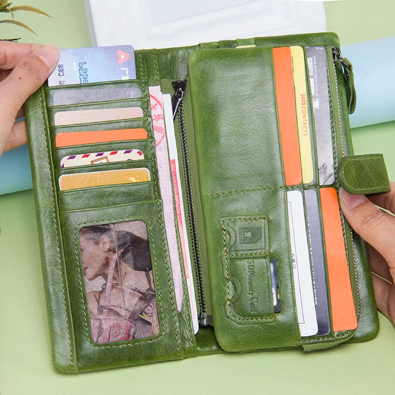 Contact's New Genuine Leather Wallet Fashion Coin Purse For Ladies Women Long Clutch Wallets With Cell Phone Bags Card Holder.