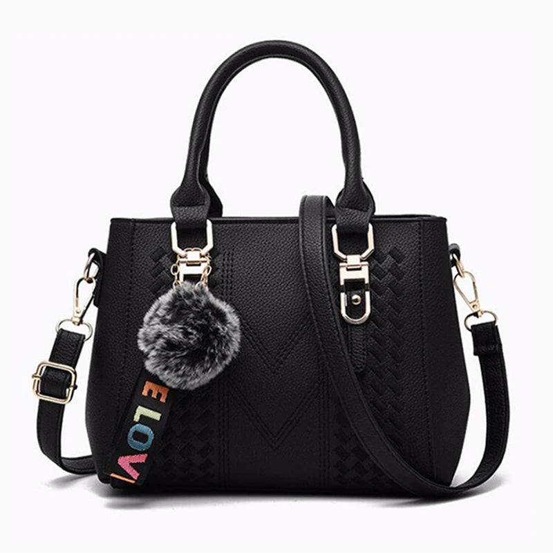 Embroidery Messenger Bags Women Leather Handbags Bags for Women Sac a Main Ladies hair ball Hand Bag.