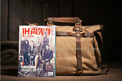 Vintage Military Canvas + Echtes Leder Herren Umhängetasche Sling Umhängetasche Tote Handtasche Herren Canvas Messenger Bag Freizeit