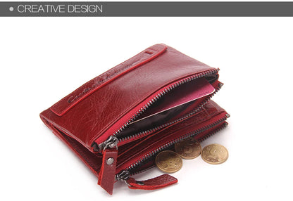 Fashion Genuine Leather Women Wallet Bi-fold Wallets Red ID Card Holder Coin Purse With Double Zipper Small Women's Purse 2022.