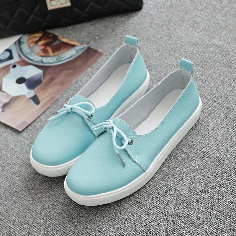 WOIZGIC Women Students Gril Female Genuine Leather White Shoes Flats Platform Lace Up Korean Casual Vulcanized Shoes FEZ-173