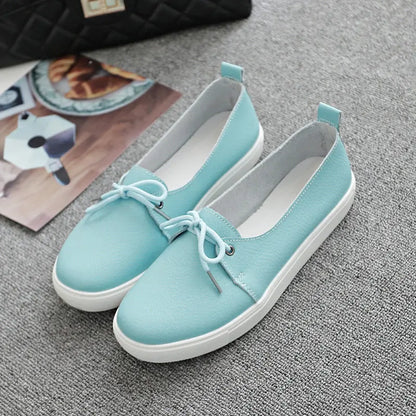 WOIZGIC Women Students Gril Female Genuine Leather White Shoes Flats Platform Lace Up Korean Casual Vulcanized Shoes FEZ-173