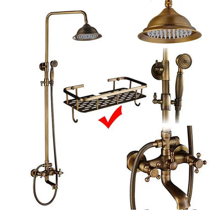 rozin Antique Brass Shower Faucet Set Bathroom Shower Column with Shelf Rainfall Hot Cold Water Mixer Tap Handhold Shower Faucet