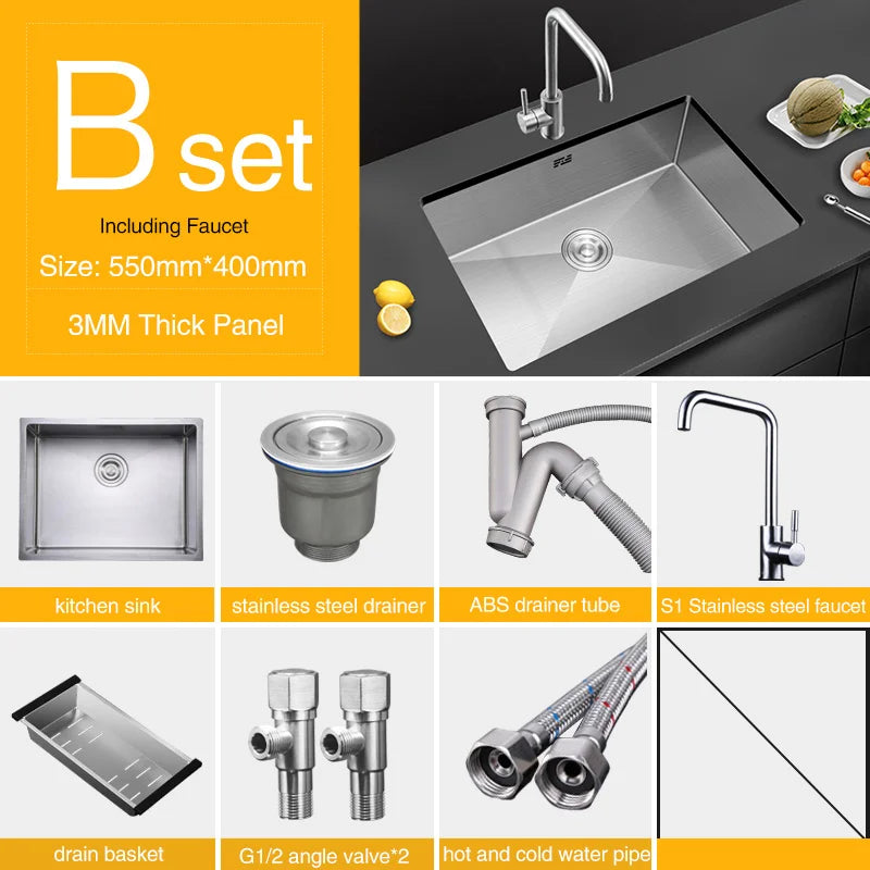 Large Size Single Kitchen Sink Handmade Brushed 304 Stainless Steel 3mm Thickness Single Bowl Bar Counter Kitchen Kinks