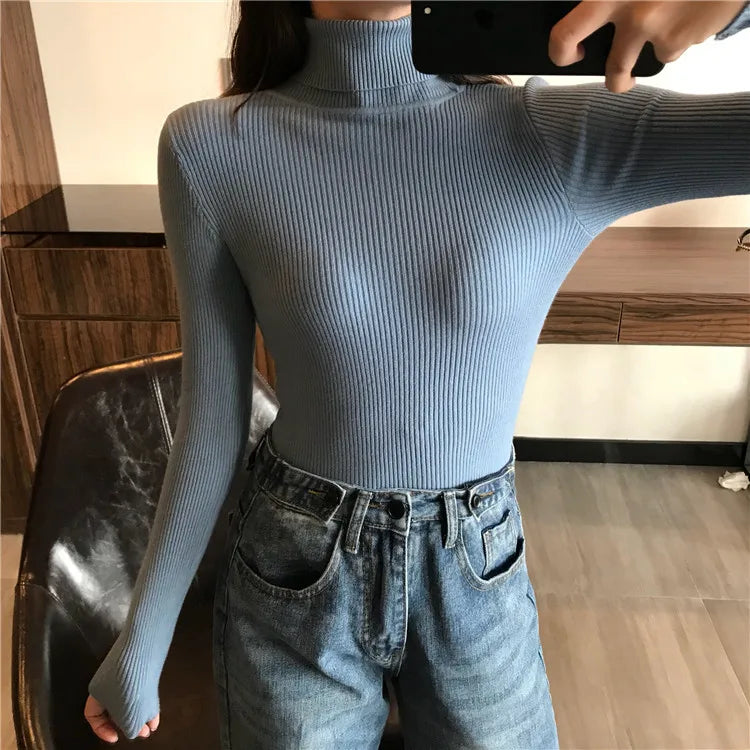2025 herbst Winter Dicken Pullover Frauen Gestrickte Rippen Pullover Pullover Langarm Rollkragen Schlank Jumper Weiche Warme Pull Femme