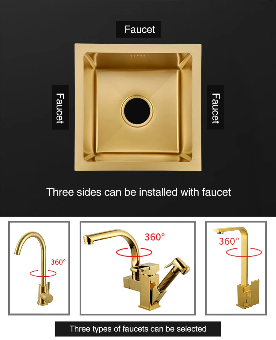 SUS 304 Stainless Steel Luxury Gold Nanometer Island Kitchen Sink Manual Single Bar Counter Mini Kitchen Sinks