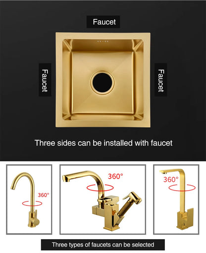 SUS 304 Stainless Steel Luxury Gold Nanometer Island Kitchen Sink Manual Single Bar Counter Mini Kitchen Sinks