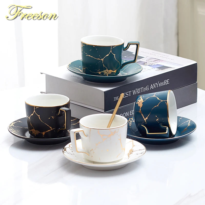 Marble Ceramic Coffee Cup Saucer Spoon Set 200ml Nordic Tea Cup Matt Porcelain Tea Set Advanced Teacup Cafe Espresso Cup.