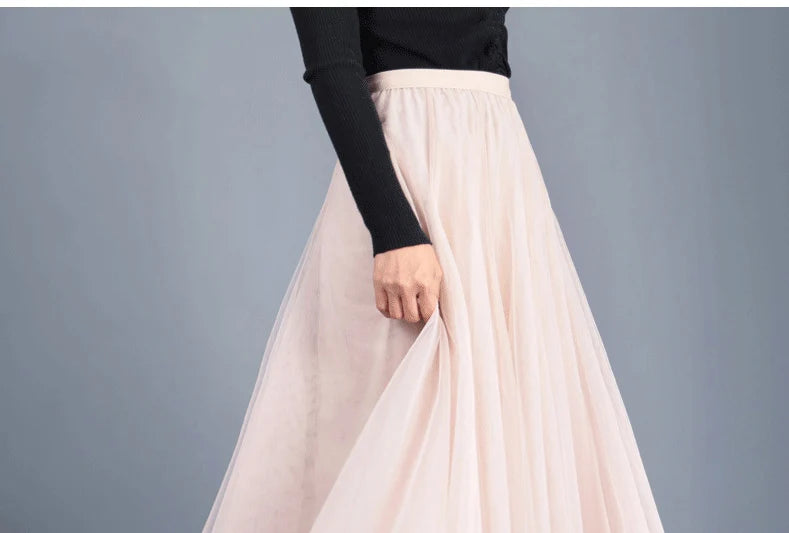 OHRYIYIE Beige Maxi Long Skirt Spring Autumn Womens 2025 New Summer Tulle Skirt Party Mesh A-line Skirts Female Jupe Longue.