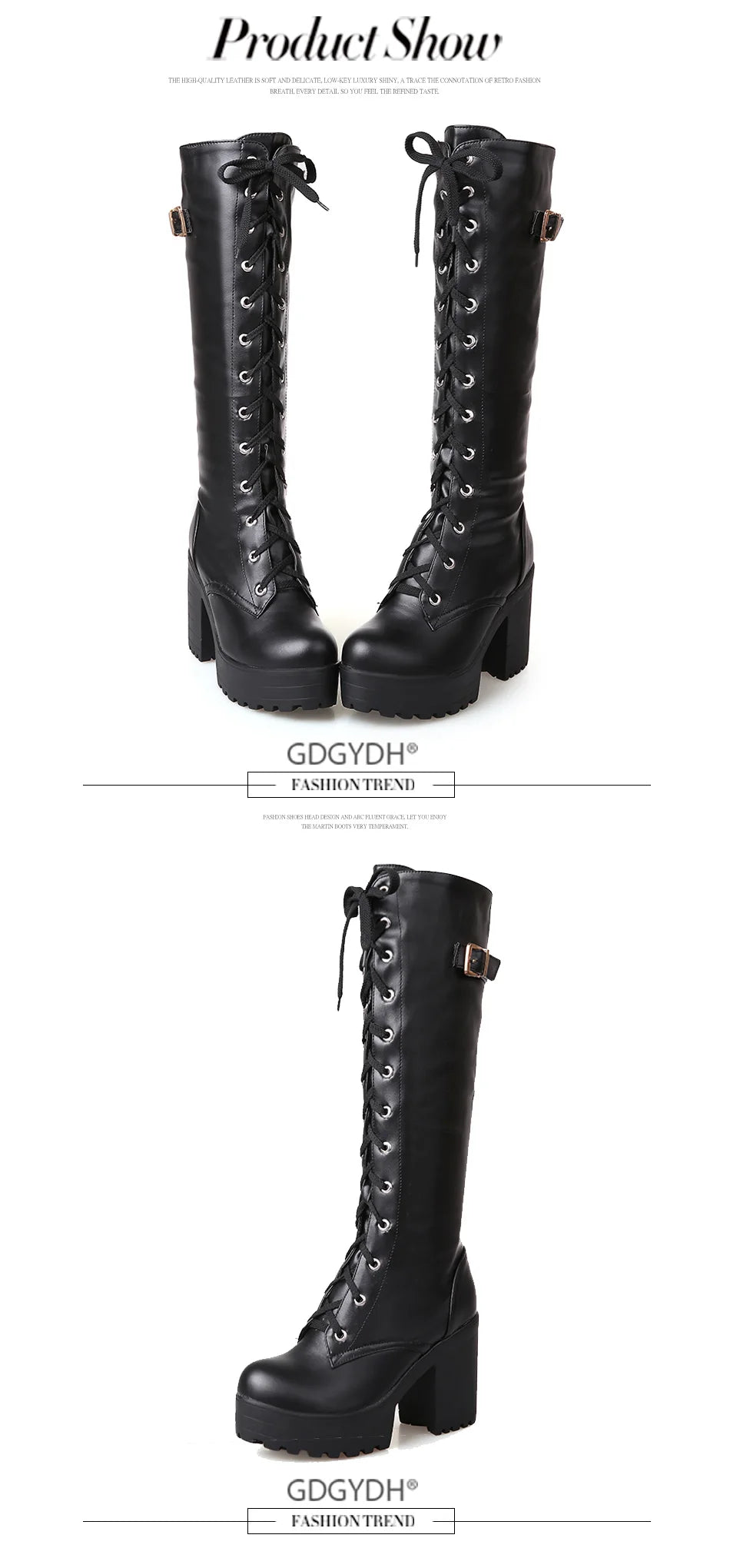 Gdgydh Hot Sale Spring Autumn Lacing Knee High Boots Women Fashion White Square Heel Woman Leather Shoes Winter PU Large Size 43.