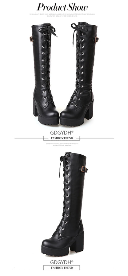 Gdgydh Hot Sale Spring Autumn Lacing Knee High Boots Women Fashion White Square Heel Woman Leather Shoes Winter PU Large Size 43.