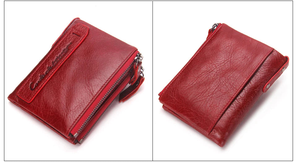 Fashion Genuine Leather Women Wallet Bi-fold Wallets Red ID Card Holder Coin Purse With Double Zipper Small Women's Purse 2022.
