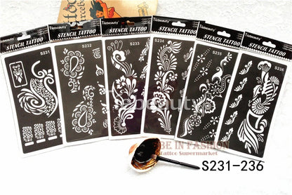 6pcs/lot  Mehndi Indian Henna Tattoo Stencil reuseable Henna Tatoo Template Professional Tattoos Stencil For hand Painting bride.