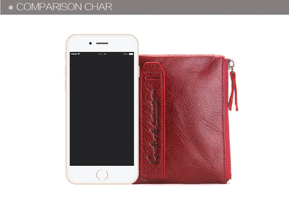 Fashion Genuine Leather Women Wallet Bi-fold Wallets Red ID Card Holder Coin Purse With Double Zipper Small Women's Purse 2022