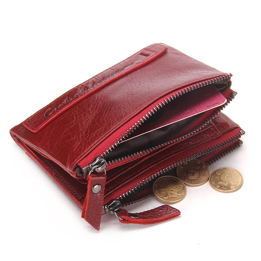 Fashion Genuine Leather Women Wallet Bi-fold Wallets Red ID Card Holder Coin Purse With Double Zipper Small Women's Purse 2022.