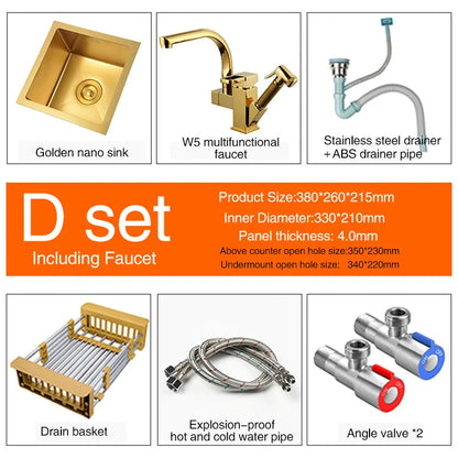 SUS 304 Stainless Steel Luxury Gold Nanometer Island Kitchen Sink Manual Single Bar Counter Mini Kitchen Sinks