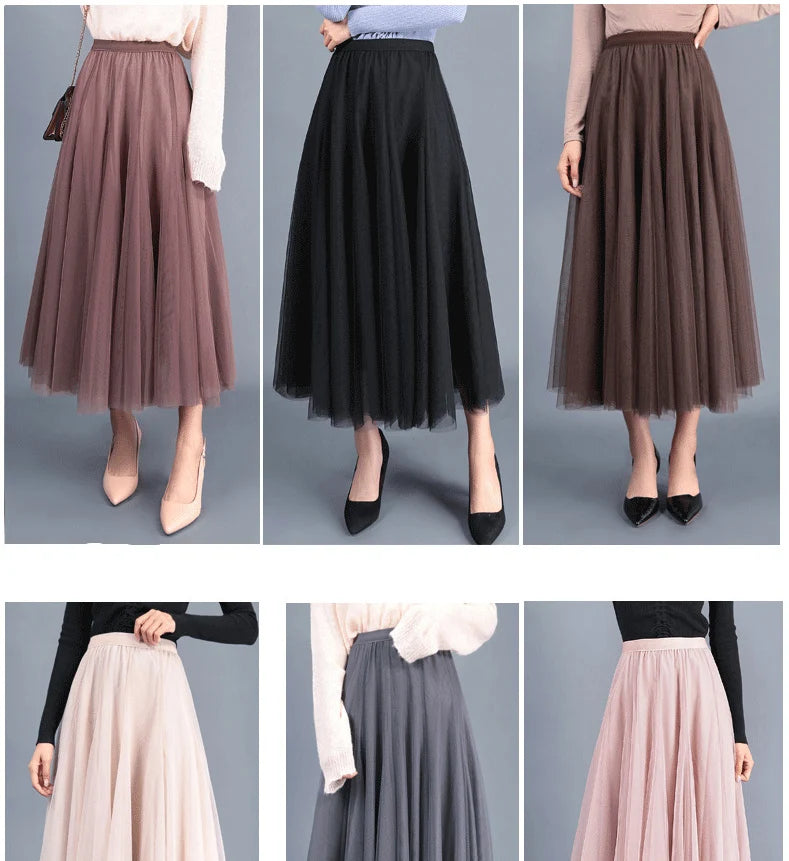 OHRYIYIE Beige Maxi Long Skirt Spring Autumn Womens 2025 New Summer Tulle Skirt Party Mesh A-line Skirts Female Jupe Longue.