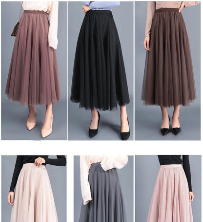 OHRYIYIE Beige Maxi Long Skirt Spring Autumn Womens 2025 New Summer Tulle Skirt Party Mesh A-line Skirts Female Jupe Longue.