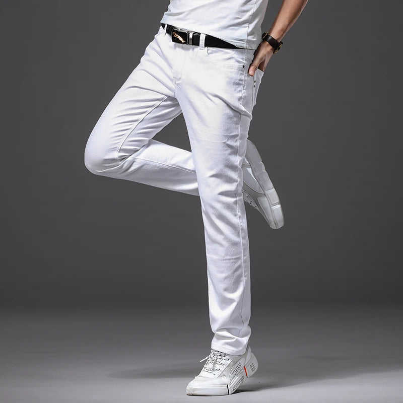 Men White Jeans Fashion Casual Classic Style Slim Fit Soft Trousers Male Brand Advanced Stretch Pants.