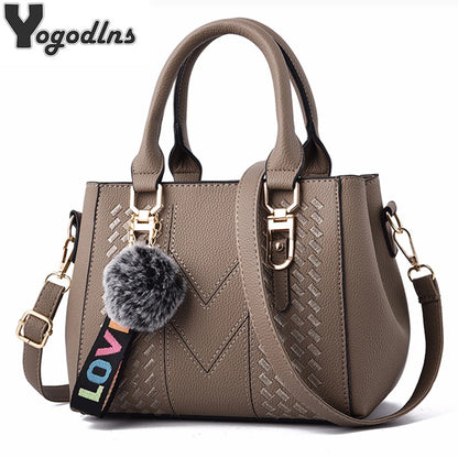 Embroidery Messenger Bags Women Leather Handbags Bags for Women Sac a Main Ladies hair ball Hand Bag.