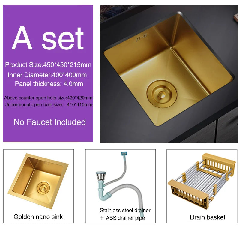 SUS 304 Stainless Steel Luxury Gold Nanometer Island Kitchen Sink Manual Single Bar Counter Mini Kitchen Sinks
