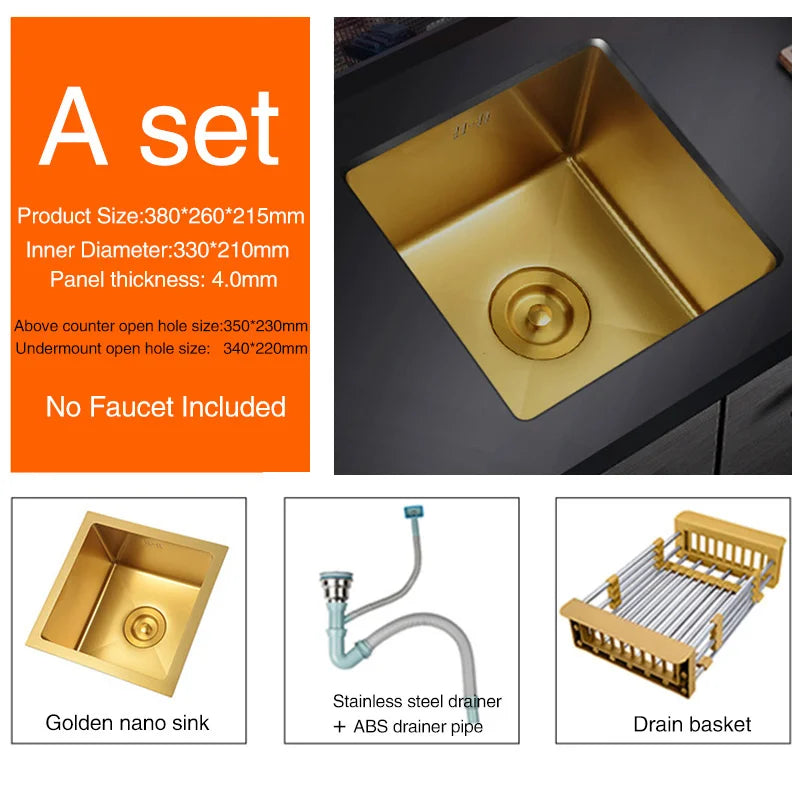 SUS 304 Stainless Steel Luxury Gold Nanometer Island Kitchen Sink Manual Single Bar Counter Mini Kitchen Sinks