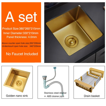 SUS 304 Stainless Steel Luxury Gold Nanometer Island Kitchen Sink Manual Single Bar Counter Mini Kitchen Sinks