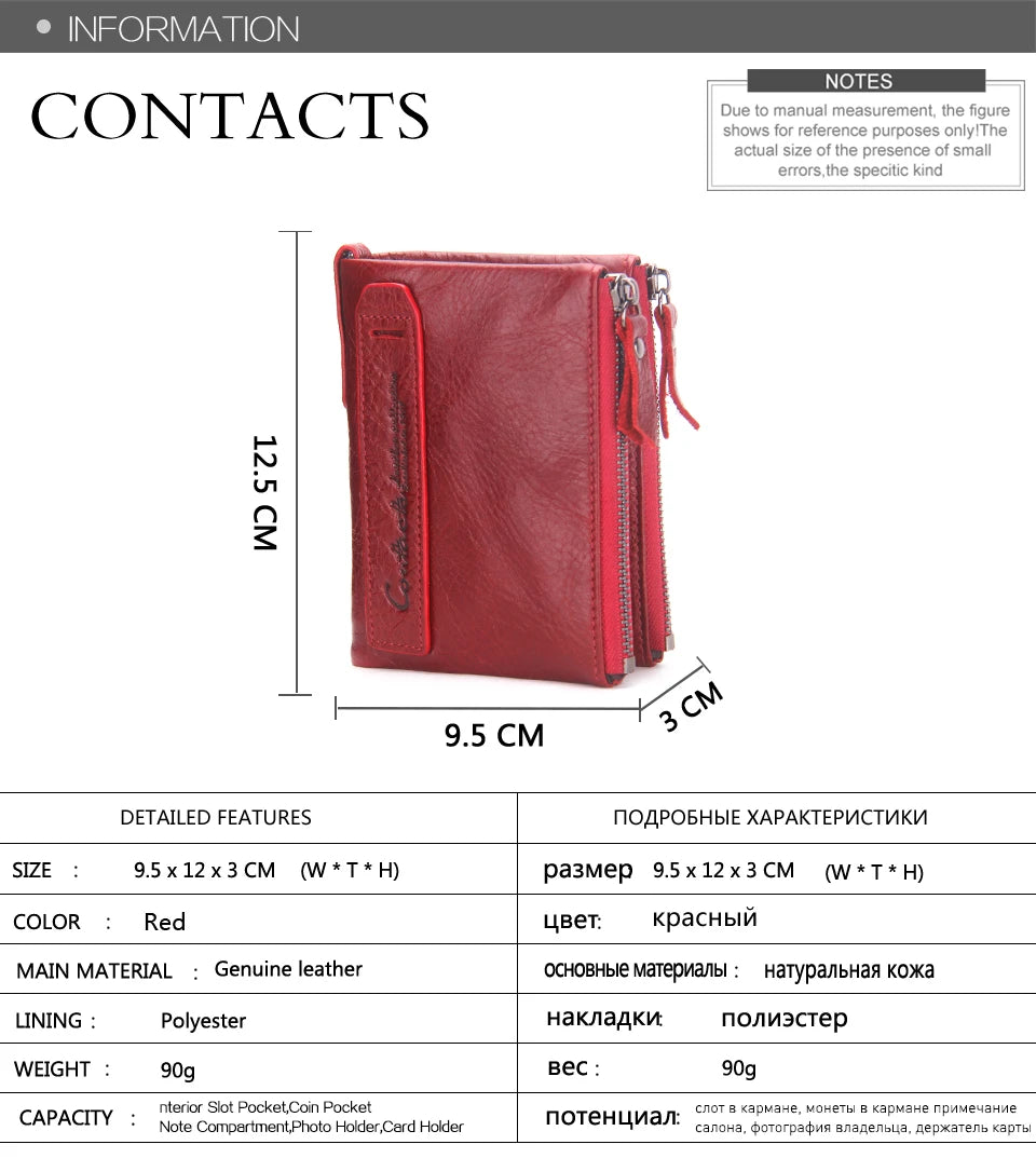Fashion Genuine Leather Women Wallet Bi-fold Wallets Red ID Card Holder Coin Purse With Double Zipper Small Women's Purse 2022.