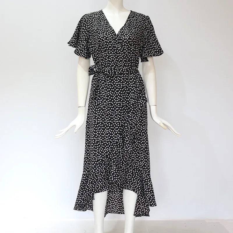 Sommer Strand Maxi Kleid Frauen Floral Print Boho Lange Chiffon Kleid Rüschen Wrap Casual V-ausschnitt Split Sexy Party Kleid Robe Femme.