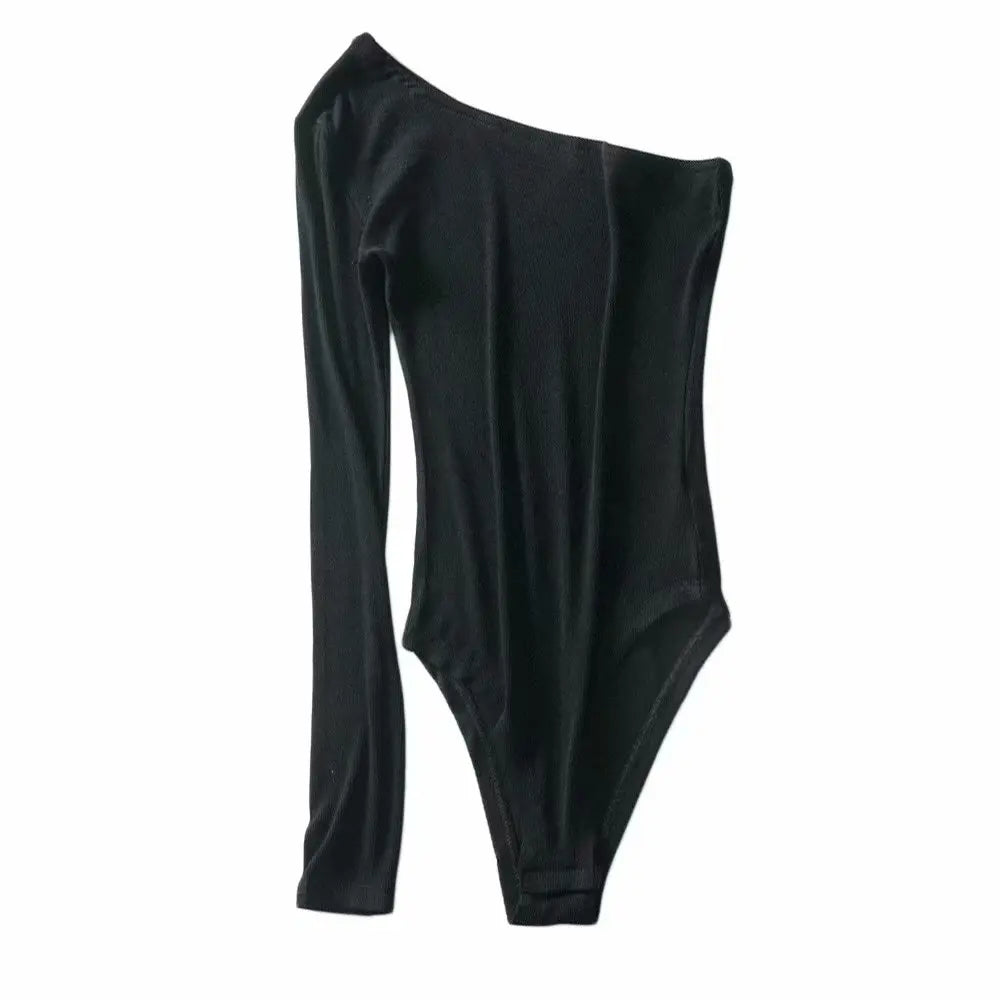Sexy bodysuit women off shoulder asymmetrical one long sleeve slope neckline Summer 2022 black white solid swimsuit female.