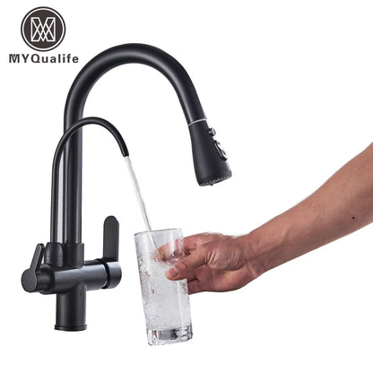 Matte Black Pure Water Filter Kitchen Faucet Dual Handle Hot and Cold Drinking Water Pull Out  Kitchen Mixer Taps