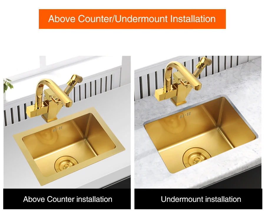 SUS 304 Stainless Steel Luxury Gold Nanometer Island Kitchen Sink Manual Single Bar Counter Mini Kitchen Sinks