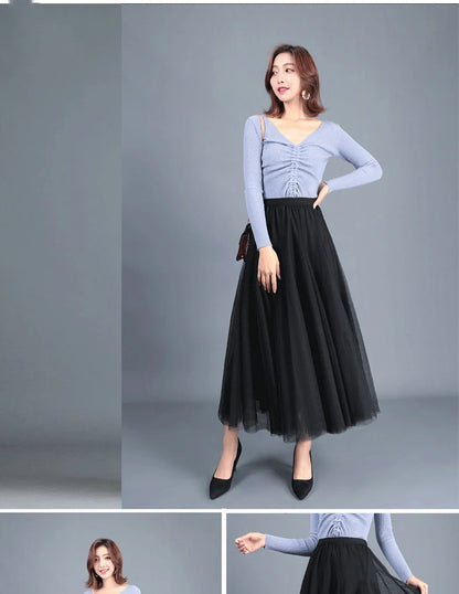 OHRYIYIE Beige Maxi Long Skirt Spring Autumn Womens 2025 New Summer Tulle Skirt Party Mesh A-line Skirts Female Jupe Longue.