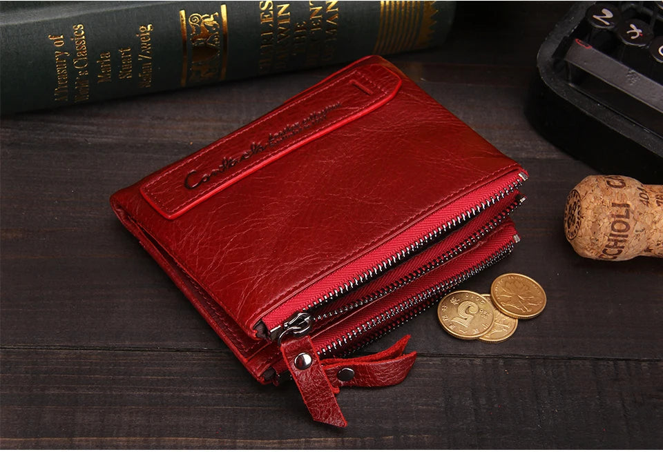 Fashion Genuine Leather Women Wallet Bi-fold Wallets Red ID Card Holder Coin Purse With Double Zipper Small Women's Purse 2022.